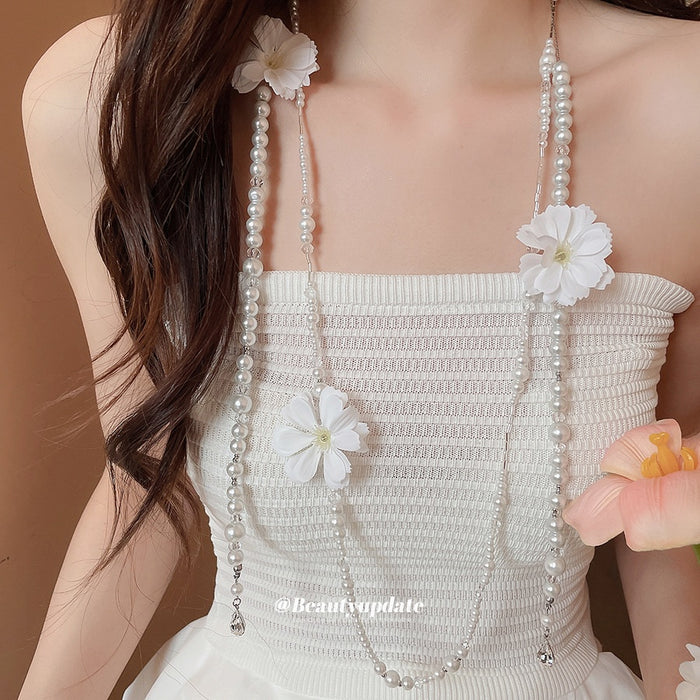 Sparkling Rhinestone Fabric Flower Faux Pearl Long Sweater Necklace French Princess Style