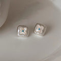 French Blue Crystal Brushed Square Shell Flower Stud Earrings For Women Vintage OL Style view 3