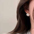 French Blue Crystal Brushed Square Shell Flower Stud Earrings For Women Vintage OL Style view 4