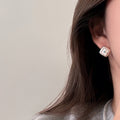 French Blue Crystal Brushed Square Shell Flower Stud Earrings For Women Vintage OL Style view 2