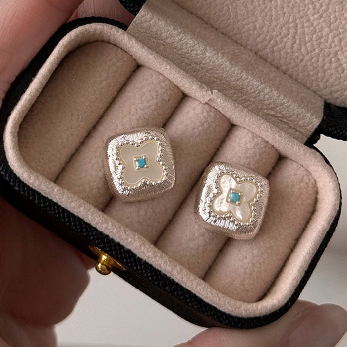 French Blue Crystal Brushed Square Shell Flower Stud Earrings For Women Vintage OL Style