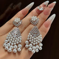 Vintage Geometric Faux Pearl Tassel Drop Earrings With Rhinestone Waterdrop Silver Needle Studs view 2