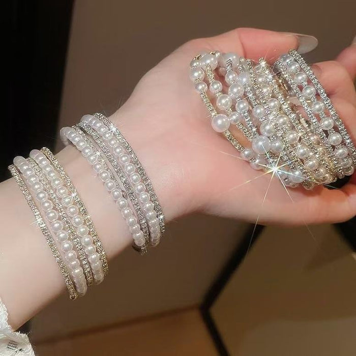 French Vintage Rhinestone Teardrop Pearl Beaded Bangle Elegant Light Luxury Princess Style Jewelry