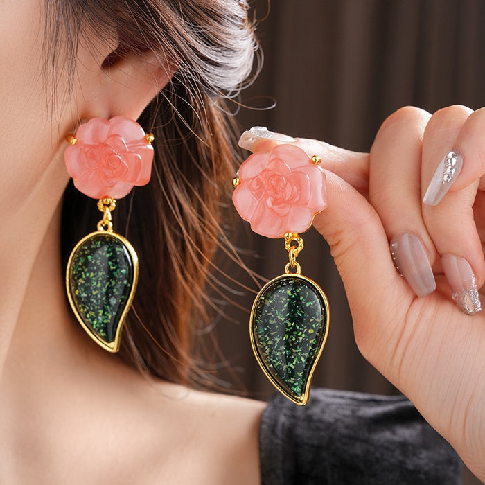 Vintage Resin Leaf Flower Stud Earrings, Pleated Palace Style Light Luxury Jewelry