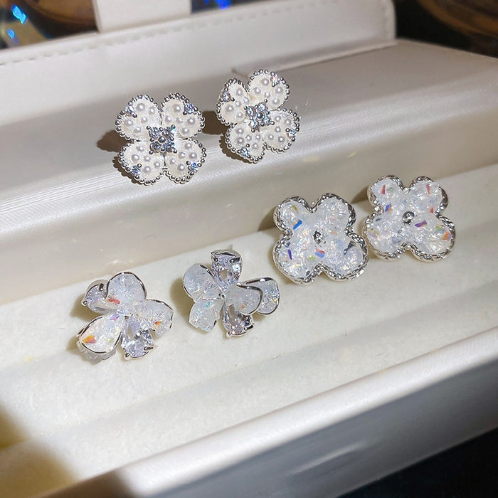 Light Luxury Copper Zircon Pearl Flower Stud Earrings Fresh Sweet Fashion Ear Jewelry