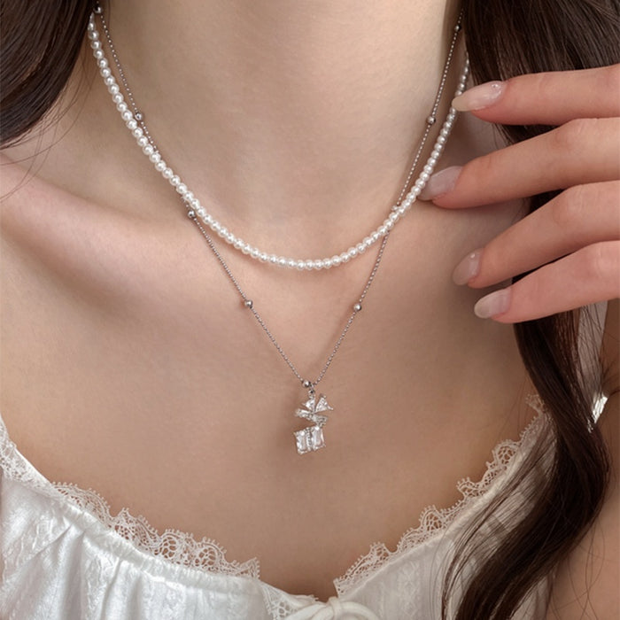 Light Luxury Copper Necklace With Zircon Geometric Square Bead Pendant And Pearl Choker Style