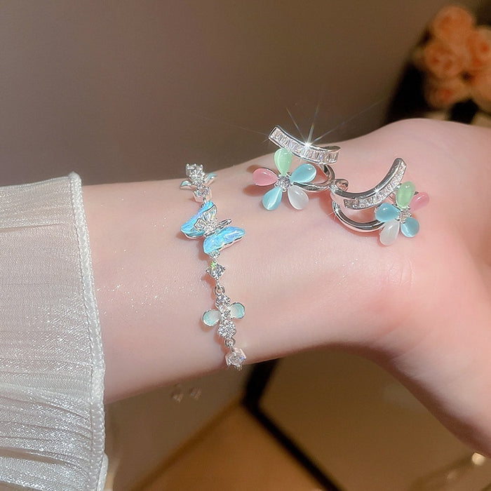 Light Luxury Copper Adjustable Bangle With Resin Zircon Butterfly And Flower Design