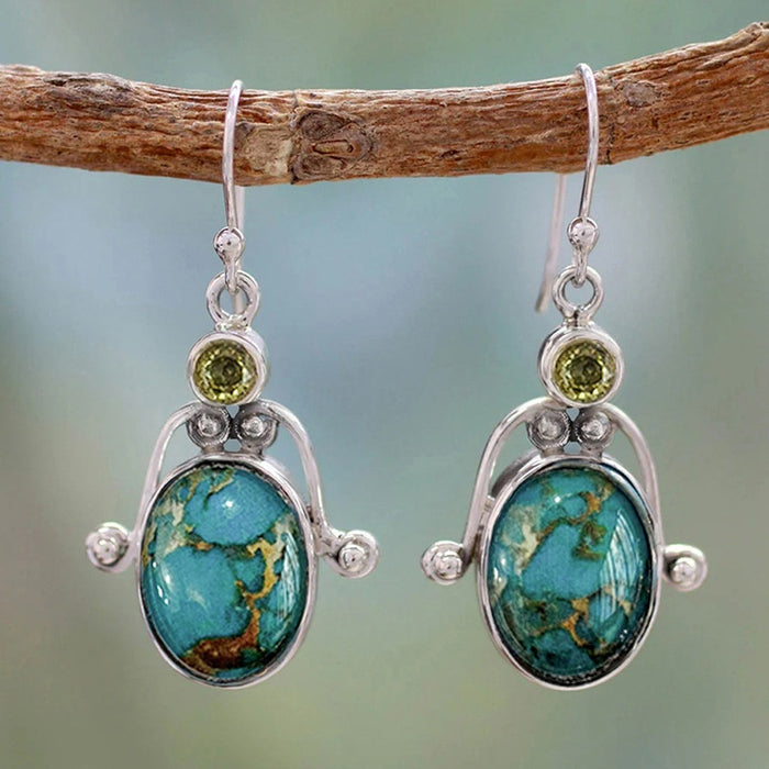 Vintage Oval Dangle Hook Earrings With Distressed Sticker Texture, Unique Fashion Jewelry