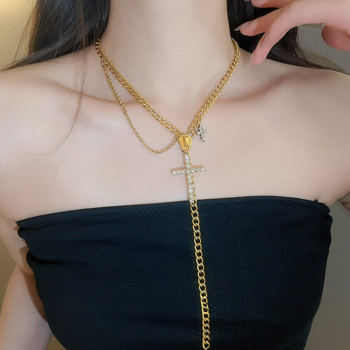 Alloy Cross Pendant Sweater Necklace For Women Minimalist Sweet Cool Geometric Collarbone Chain