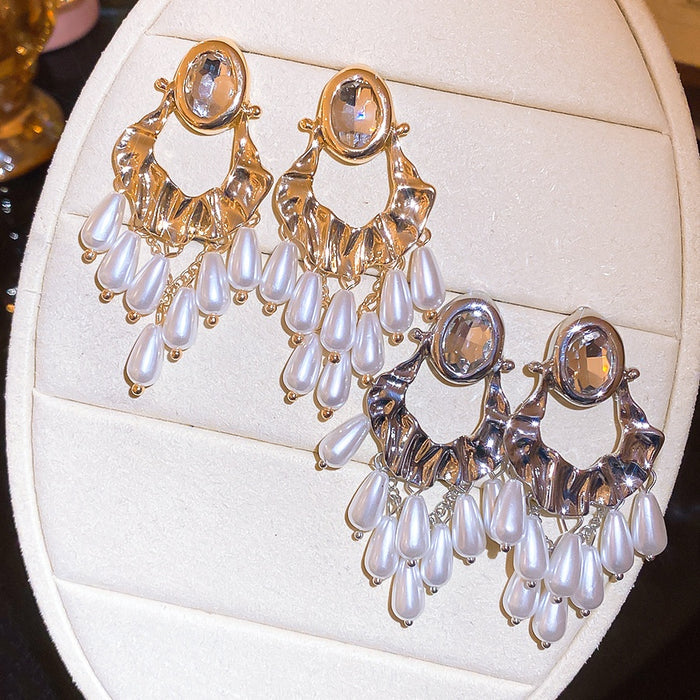 French Vintage Oval Faux Pearl Rhinestone Silver Needle Stud Earrings Elegant Retro Jewelry