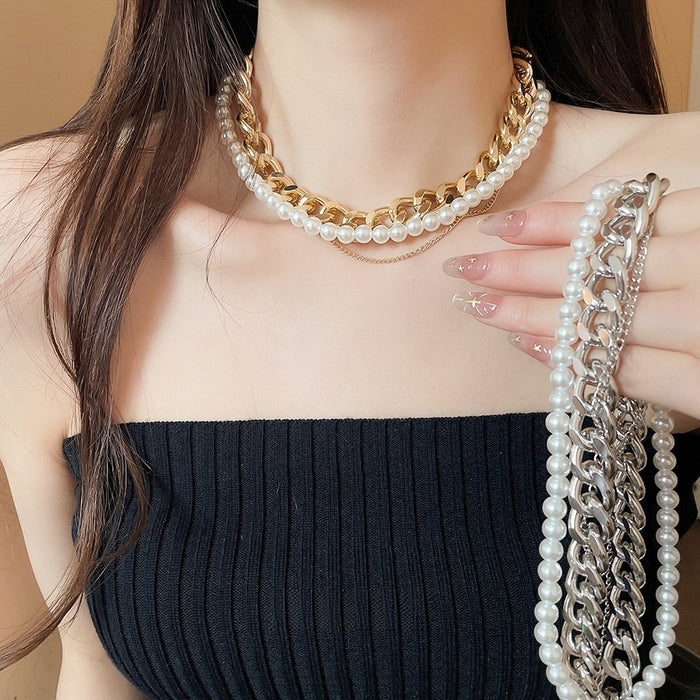 Old Money Style Multilayer Copper Chain Pearl Necklace Geometric Vintage Statement Collarbone Jewelry