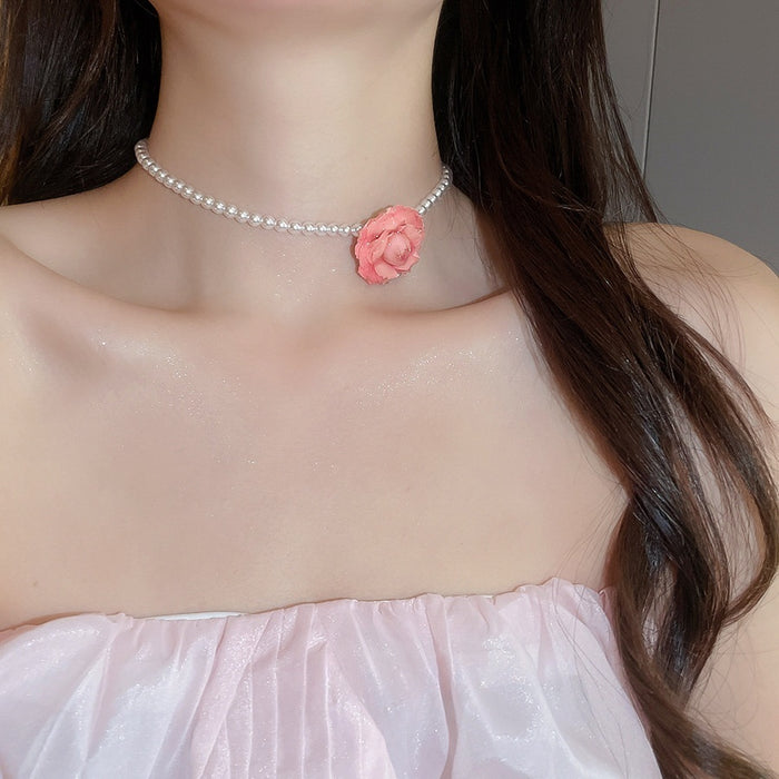 Elegant French Vintage Floral Zircon Faux Pearl Collarbone Necklace with Pastoral Flower Design