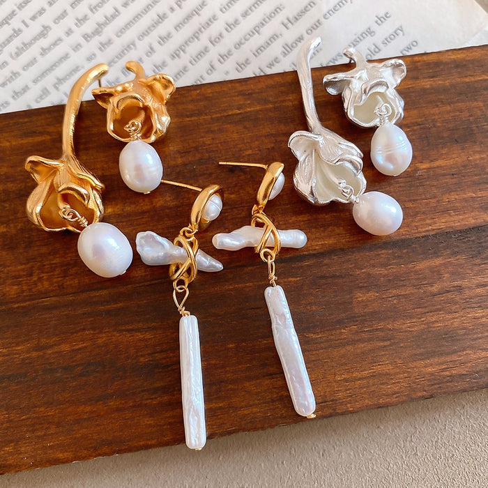 French Vintage Asymmetric Oval Freshwater Pearl Stud Earrings With Sterling Silver Posts