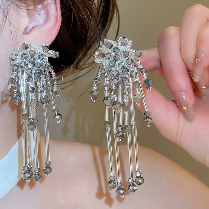 Vintage Artificial Crystal Flower Tassel Woven Geometric Drop Earrings For Women