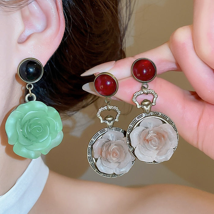 Vintage Resin Round Flower Stud Earrings With Silver Pins Retro Court Style Elegant Jewelry