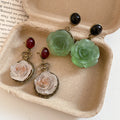 Vintage Resin Round Flower Stud Earrings With Silver Pins Retro Court Style Elegant Jewelry view 2