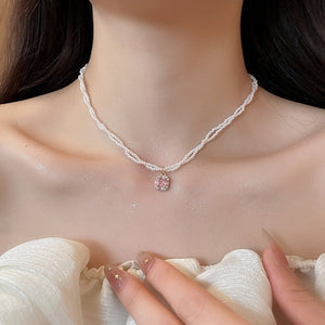 Faux Pearl Beaded Wrapped Zircon Heart Pendant Necklace French Vintage Light Luxury Choker