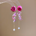 Silver Pearl Preserved Flower Long Tassel Drop Earrings Sweet Vintage Floral Style view 2
