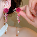 Silver Pearl Preserved Flower Long Tassel Drop Earrings Sweet Vintage Floral Style view 1