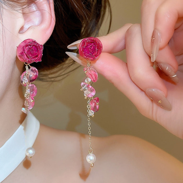 Silver Pearl Preserved Flower Long Tassel Drop Earrings Sweet Vintage Floral Style