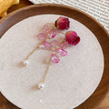 Silver Pearl Preserved Flower Long Tassel Drop Earrings Sweet Vintage Floral Style view 4