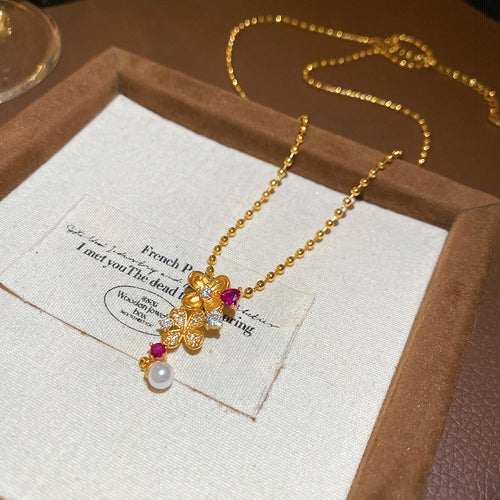 24K Gold Plated Copper Zircon Pearl Flower Pendant Necklace, Court Style Luxury Clavicle Chain
