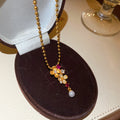 24K Gold Plated Copper Zircon Pearl Flower Pendant Necklace, Court Style Luxury Clavicle Chain view 4