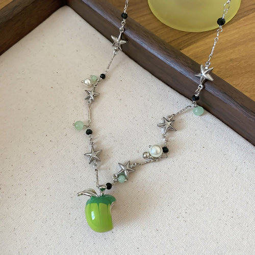 Pastoral Apple Star Enamel Pearl Alloy Necklace Summer Sweet Fruit Collarbone Choker