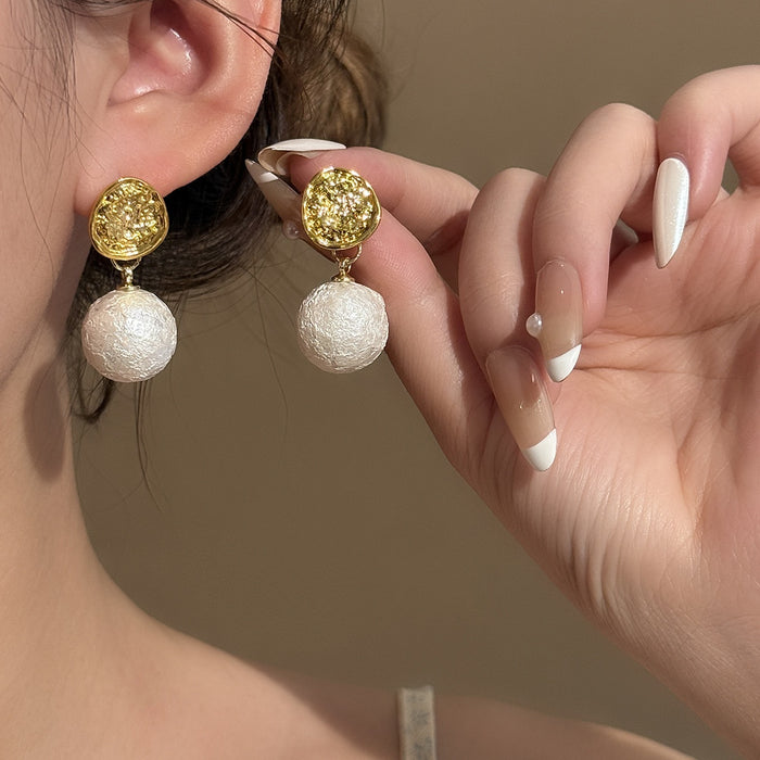 Vintage Luxury Gold Alloy Wrinkled Coin Disc Studs With Textured Faux Pearl Drop French Style Earrings