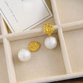 Vintage Luxury Gold Alloy Wrinkled Coin Disc Studs With Textured Faux Pearl Drop French Style Earrings view 4