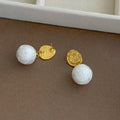 Vintage Luxury Gold Alloy Wrinkled Coin Disc Studs With Textured Faux Pearl Drop French Style Earrings view 3