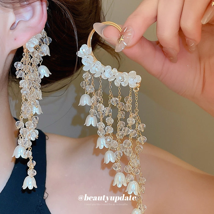 Chic Floral Faux Pearl Tassel Drop Earrings Sweet Vacation Flower Ear Hook Jewelry