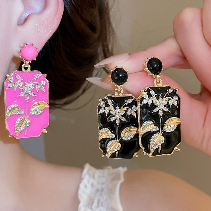 Vintage Alloy Stud Earrings With Rhinestone Enamel Flower Leaf Geometric New Chinese Design
