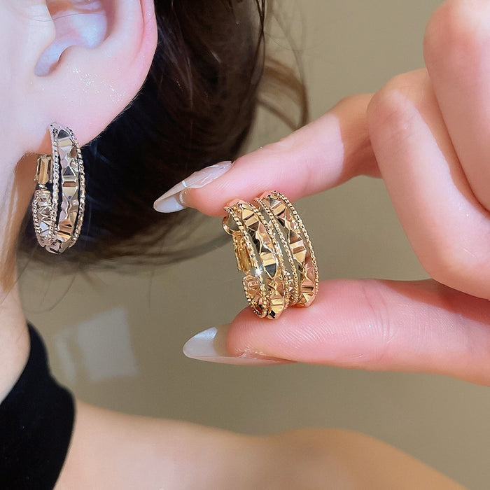 Faceted Round Copper Hoop Earrings With Silver Posts Minimalist Modern Geometric Jewelry