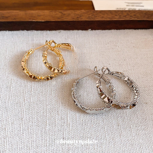 Faceted Round Copper Hoop Earrings With Silver Posts Minimalist Modern Geometric Jewelry
