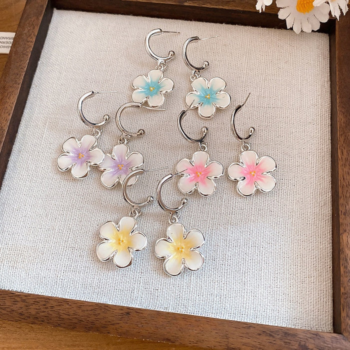 Sweet Floral C-Shaped Alloy Stud Earrings With Silver Pins And Enamel Flower Design