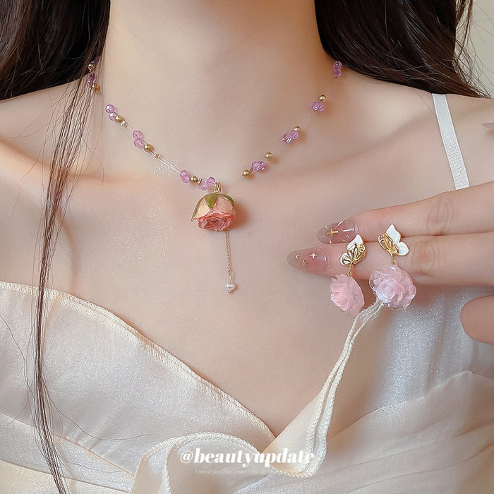 Sweet Resin Flower Butterfly Stud Earrings And Necklace Jewelry Set With Silver Needle Posts