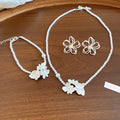 Elegant Alloy Zircon Flower Pearl Bracelet Necklace Stud Earrings Jewelry Set view 3