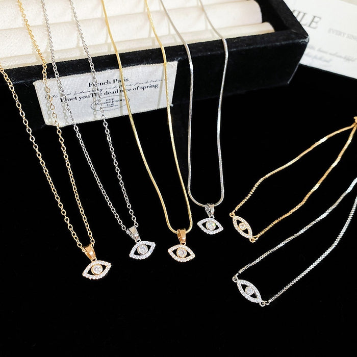 Light Luxury Copper Zircon Eye Pendant Necklace Bracelet Jewelry Set, Oval Minimalist Style