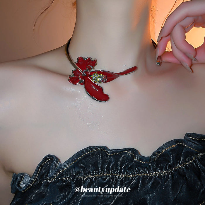 Old Money Style Alloy Rhinestone Enamel Flower Choker Necklace
