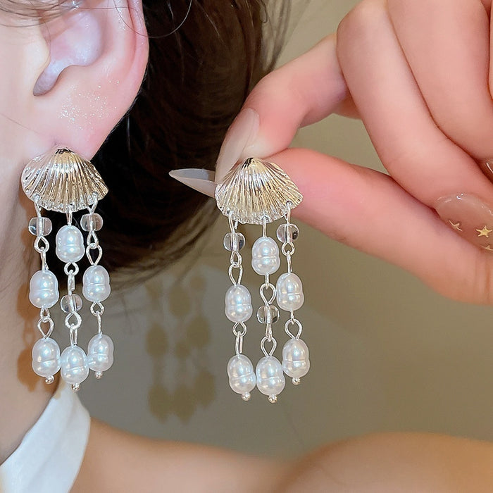 European Style Shell Pearl Tassel Drop Earrings With Silver Pins Geometric Beach Vacation Jewelry
