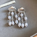 European Style Shell Pearl Tassel Drop Earrings With Silver Pins Geometric Beach Vacation Jewelry view 4