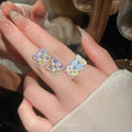 2026 New Copper Sparkling Zircon Flower Stud Earrings And Ring Jewelry Set, Sweet Light Luxury Style view 3