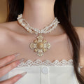 Sweet Cool Multilayer Shell Bead Cross Pearl Choker Necklace For Women view 3