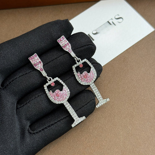 Elegant Luxury Pink Rhinestone Wine Glass Shape Zircon Alloy Drop Stud Party Jewelry For Women Earrings