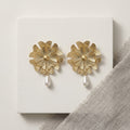 Luxury Gold Alloy 3D Layered Floral Petal Studs With Teardrop Pearl Drop Statement Earrings view 3