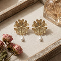 Luxury Gold Alloy 3D Layered Floral Petal Studs With Teardrop Pearl Drop Statement Earrings view 2