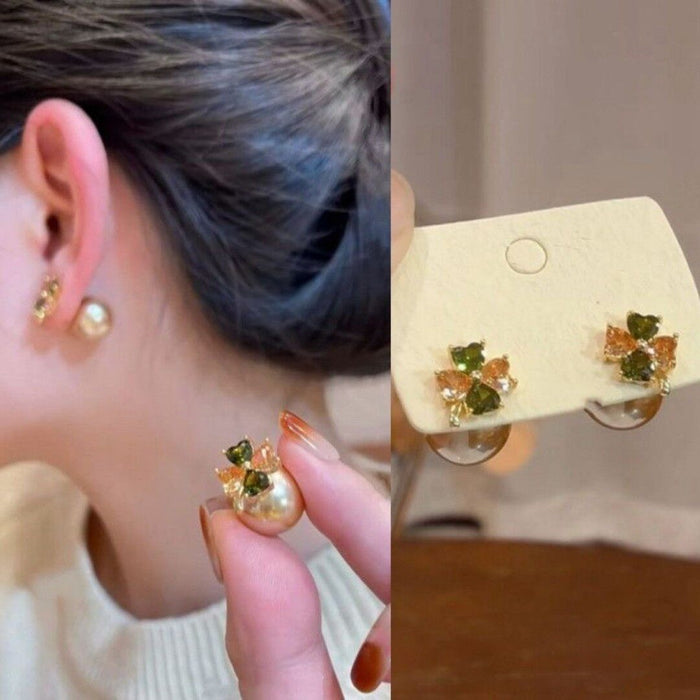 Copper Silver Needle Zircon Clover Flower Pearl Stud Earrings Light Luxury Versatile Jewelry