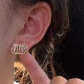 14K Gold Plated Copper Zircon Layered C-Shaped Drop Earrings With Silver Posts Light Luxury Style view 1