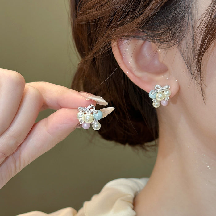 Macaron Faux Pearl Bow Stud Earrings With Silver Pins, Sweet Light Luxury Exotic Style Jewelry